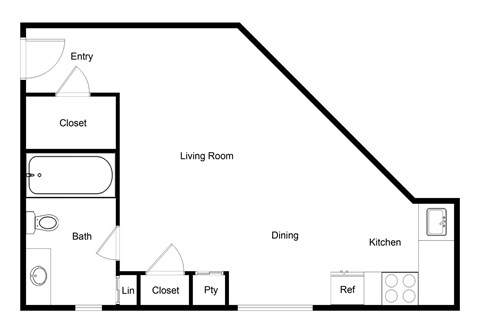 Floor plan for studio, 1 bath, 343 sqft